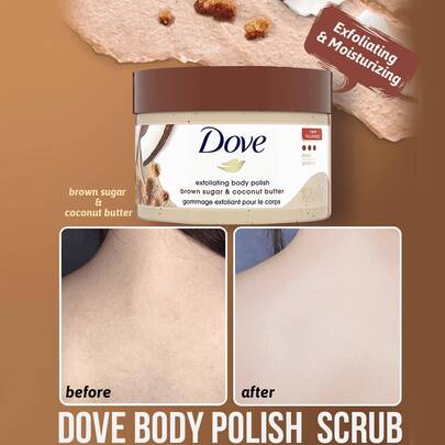  DOVE Body Polish Scrub, Gentle Exfoliation, Deep Cleansing, Brighten Skin Tone, Smooth Skin Texture, Improve Roughness, Contains Brown Sugar And Coconut Oil, Natural Exfoliating Particles, 1/4 More Moisturizing Ingredients