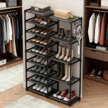 9-Tier Tall Shoe Rack, Garage Shoe Rack Large Capacity, Shoe Rack Organizer, Vertical Free Standing Shoe Rack, Heavy Duty Boot Rack, Two Rows Of Multifunctional Hooks, Large Shoe Rack Organizer Storage Shoe Rack Black 24-35 Pairs - Negro - Ver 9