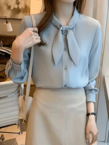 Áo sơ mi dài tay tối giản màu trơn dành cho nữ, cài cúc phía trước, thích hợp mặc công sở mùa xuân. - Màu xanh lam - Xem 2