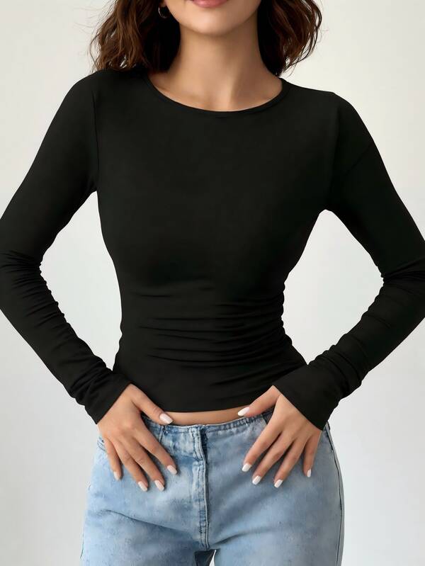 Damen einfaches Langarm Lässig Slim Fit Rundhals T-Shirt