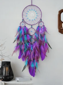 1pc 5-Ring Glow-In-The-Dark Stone Boho Style Handmade Feather Wind Chime Dream Catcher, Fashionable Home Decor Wind Chime Dream Catcher, For Home, Wedding, Room Decoration (Feathers Are Artificial) - Five-ring Luminous Color - View 3