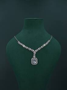 Conjunto de 5 joias de casamento com design quadrado banhado a ouro branco, conjunto de joias de zircônia cúbica branca, incluindo colar, pulseira, brincos e anel, adequado para uso diário e casamento, presente de aniversário de casamento - Conjunto de gráficos quadrados - Ver 3