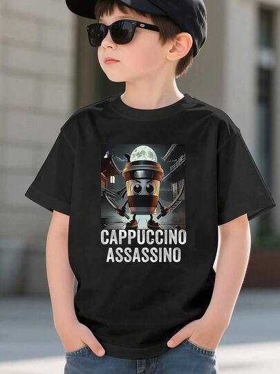 Camiseta con estampado de  asesino de capuchino para niño, linda camiseta con estampado de taza de café, diseño divertido, informal, de manga corta, de algodón suave.