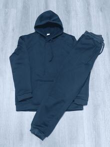 男士休闲抽绳口袋连帽衫和运动抽绳裤两件套 - 黑色 - 查看 2