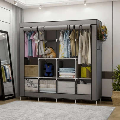 Portable Closet Large Wardrobe Closet Clothes Organizer With 6 Storage Shelves, 4 Hanging Sections 4 Side Pockets