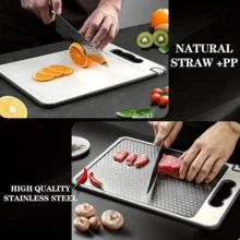 Tábua de Corte Cortar Carne Placa Dupla Face Higiênica em Aço Inox e PP com Afiador e Alça - Damasco - Visão 7