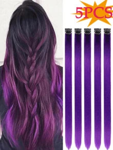 5pcs/Set Colorful Synthetic Hair Extensions Clip-In Hair Pieces, Rainbow Hair Extensions For Women & Girls - Multicolor - View 19