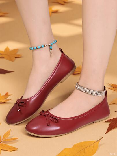 OFFWIND Women's Elegant Ballet Flats, Autumn New Style, Versatile Low-Top Comfortable Soft Lightweight Bow Decor Slip-On Fashion Work Red Flats