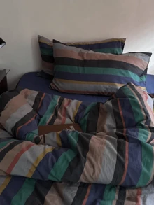 3 件套 100% 纯棉北欧复古条纹床上用品套装，2 个枕套 + 1 个羽绒被套 - 彩色 - 查看 2