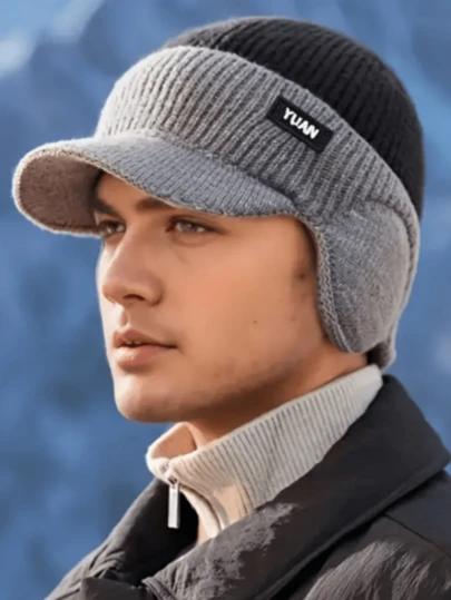 男士冬季护耳针织帽，带羊毛，保暖棒球帽，适合户外青少年骑行，采用色块设计。