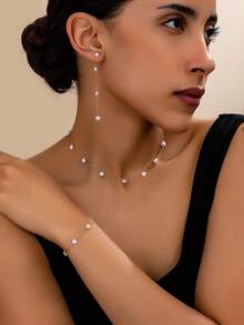 1 Set 2025 Valentine's Day Faux Pearl Earrings, Bracelet, Necklace Set, Bohemian Style, Minimalist Jewelry, Gift For Mother's Day, Suitable For Daily Wear, Parties,Mom,Mother,Mother's Day,Gift