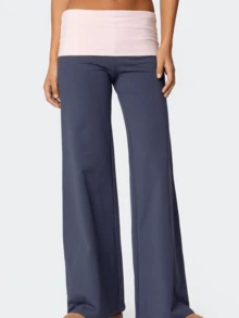 Women's Fold Over Yoga Pants Low Rise Straight Leg Sweatpants Y2k Solid Color Stretchy Loose Gym Lounge Leggings - Blue - View 2