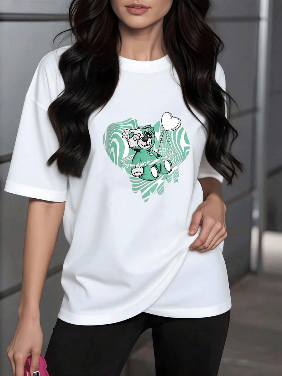 Camiseta de Mujer Suave con Estampado de Oso de Peluche con Globo de Corazón,Diseño Casual y Moderno,Ideal para el Verano - Blanco - Ver 1