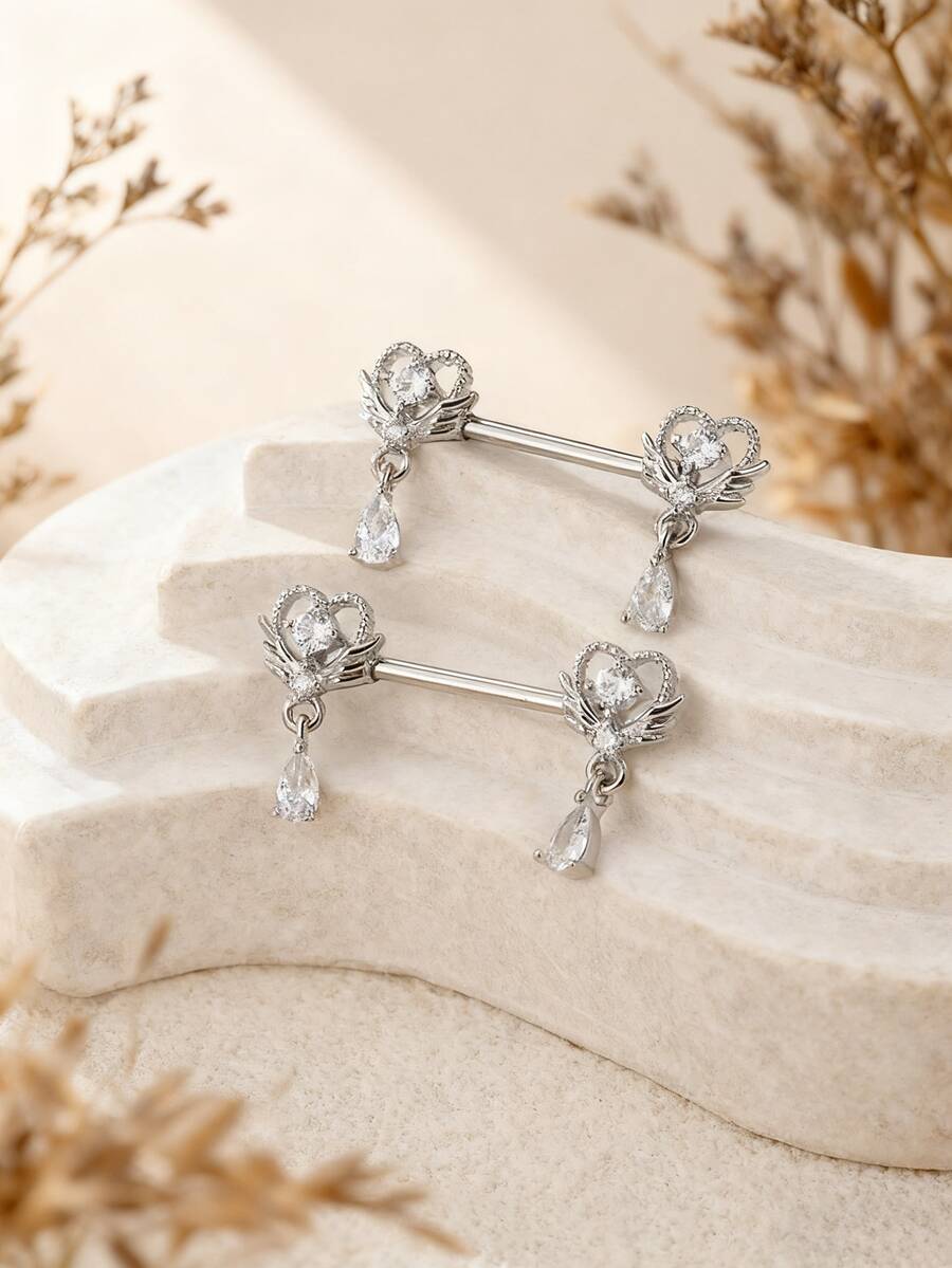 2pcs Women's Sexy Silver-Tone Cubic Zirconia Heart Wing Water Drop Barbell Earrings, Elegant Rhinestone Piercing Jewelry Suitable For Party, Outfits And Piercing Enthusiasts