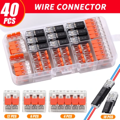 40/16 件 2 针 2 端口快速连接器，PVC 绝缘，铜触点材料，免充电电源模式，带锁定夹，用于汽车和家用 LED 线连接，黑色线径 0.3-0.75 毫米接线端子