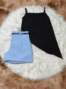 Elegant Plus Size Set Of Tailored Shorts With Pocket And Free Belt Plus Asymmetrical Blouse - 黑色和藍色 - 查看 3