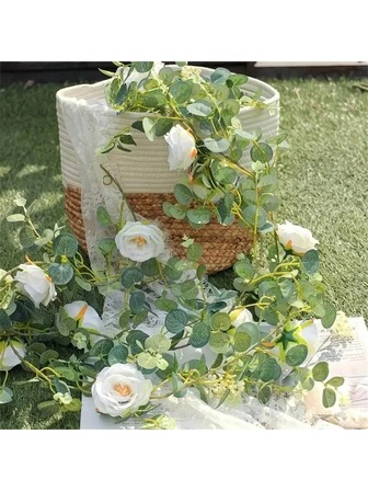 1 pieza Corona de flores de eucalipto de 180 cm con vid de rosas blancas, guirnalda de flores y follaje artificiales para decoración de interiores, exteriores, jardín, patio y paredes