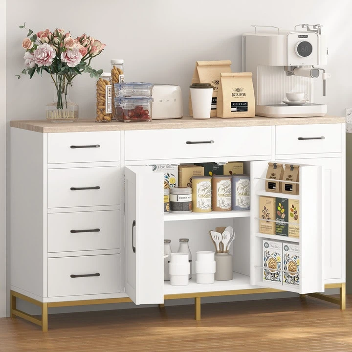 Credenza da Cucina, Mobile Contenitore con 4 Ante e 6 Cassetti, Mobile da Cucina con Ripiani Regolabili, Mobile Basso da Cucina, Stile Nordico, per Soggiorno, Cucina, Sala da Pranzo e Bagno, 140x40x80 cm, Bianco - Bianco - Visualizzare 1