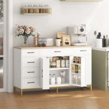 Credenza da Cucina, Mobile Contenitore con 4 Ante e 6 Cassetti, Mobile da Cucina con Ripiani Regolabili, Mobile Basso da Cucina, Stile Nordico, per Soggiorno, Cucina, Sala da Pranzo e Bagno, 140x40x80 cm, Bianco - Bianco - Visualizzare 4