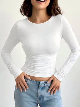 Women's Simple Long Sleeve Casual Slim Fit Round Neck T-Shirt