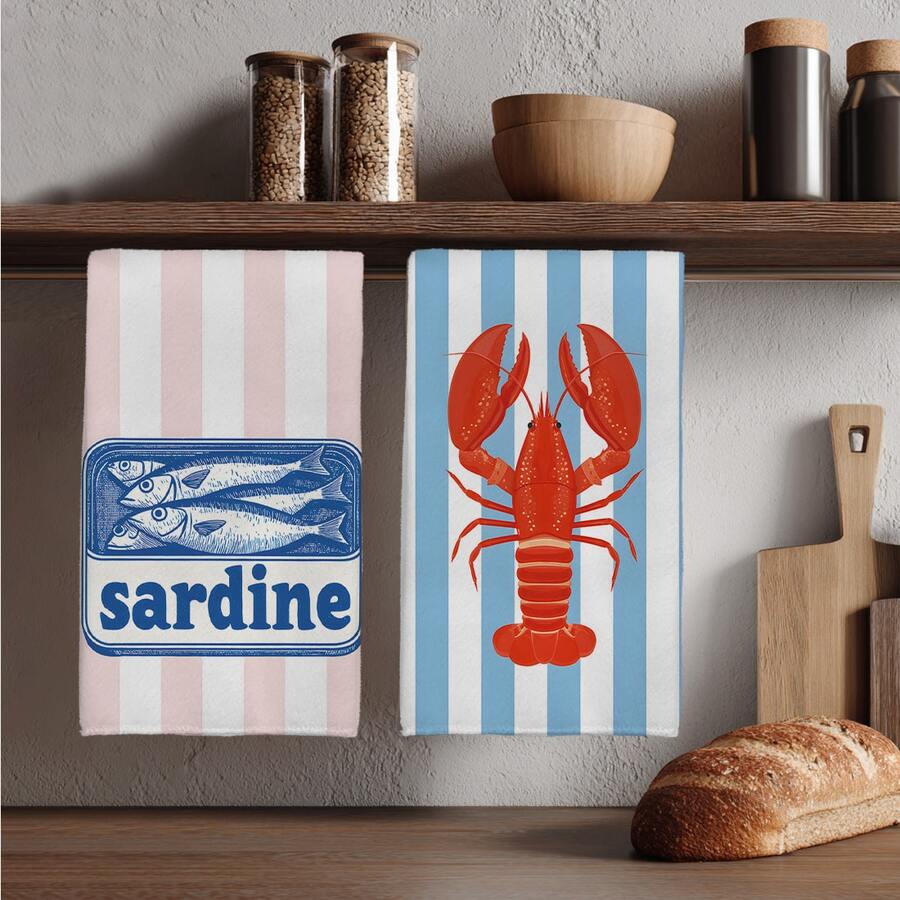 2 piezas Toallas de cocina con patrones a rayas, lata de sardinas y langosta, toallas de cocina de microfibra súper absorbentes, paños de cocina, regalos perfectos para nuevos propietarios y para calentar el hogar, paños y toallas de cocina, decoración del hogar para fiestas - Multicolor - Ver 1