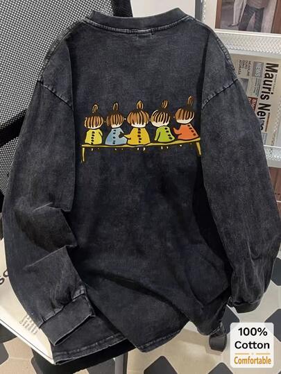 超大复古黑色卡通印花棉质水洗长袖 T 恤，宽松修身设计