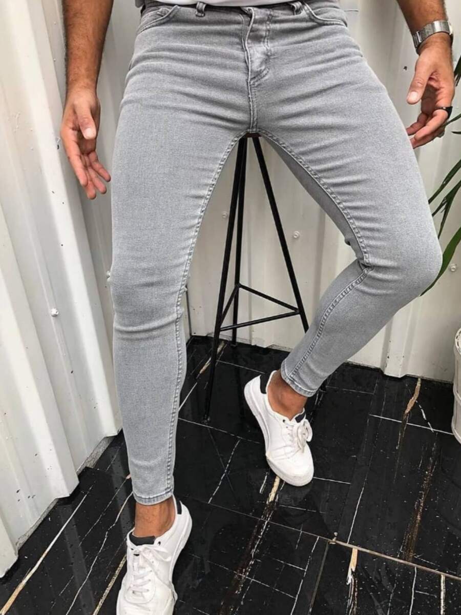 Men's Elastic Skinny Casual Jeans, Solid Color Distressed Slim Fit Pants - Grey - View 1