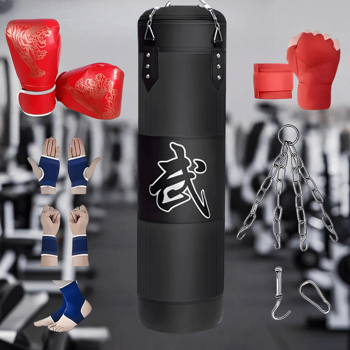 1-1米、1.2米沙袋训练器材，不锈钢挂钩悬挂沙袋，拳击手套，护手，护腕，护踝，武术格斗训练装备，沙袋，跆拳道成人沙袋