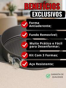 Kit Of 3 Pans With Removable Nonstick Bottom For Pie Cake Sweets Savory Reinforced - Black - View 2