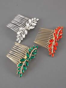 1个水晶叶形红绿节日派对发梳发夹，适用于侧梳、学校用品、大学、婚礼、发饰、新年魅力
