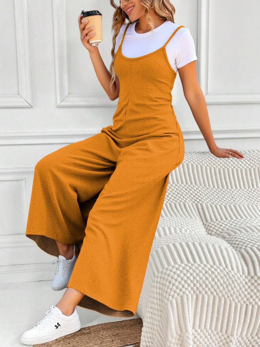 Mono de tirantes finos sin mangas, pierna ancha y camiseta manga corta, outfit cómodo y elástico, para mujer, largo, ancho y pierna, para uso informal - Mostaza Amarilla - Ver 1