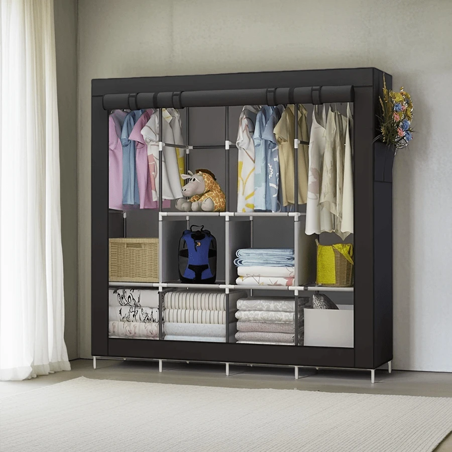 Portable Closet Large Wardrobe Closet Clothes Organizer With 6 Storage Shelves, 4 Hanging Sections 4 Side Pockets - 黑色 - 查看 1