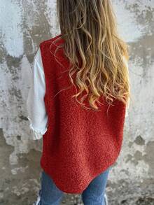 大码女式优雅休闲背心夹克，正面有纽扣和口袋，适合日常通勤 - 紅色 - 查看 3