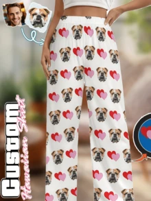 Customized Photo & Bulldog Face With Heart Pattern Pajama Set (Unisex) - Personalized Face & Red Heart Design, Soft Machine Washable Loungewear, Anniversary Valentine's Day Gift, Casual Suit, Funny Pattern, Comfortable Fit - White - View 2
