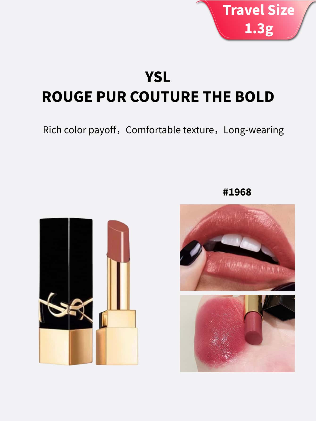 Kích thước du lịch - 1,3g - #1968: Son môi YSL Black Tube, Màu đất nung ấm áp, Chất satin mịn, Phong cách trí thức nhẹ nhàng, Đa năng để sử dụng hàng ngày - #1968 - Xem 1