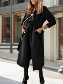 Women's Classic Lapel Collar Open Front Belted Long Coat Jacket - 黑色 - 查看 4