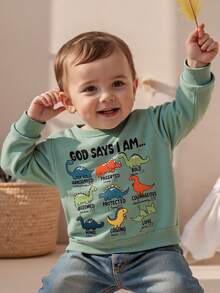 Sudadera de otoño para niño pequeño con estampado de dinosaurio y letras, manga larga, cuello redondo, blusa holgada - Verde - Ver 6