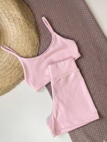 Women's Polyamide Cross Fit Gym Top And Short Set Fixed Modeling Does Not Rise High Elasticity Zero Transparency Gym Training Running Exercises - Rosa bebé - Ver 2