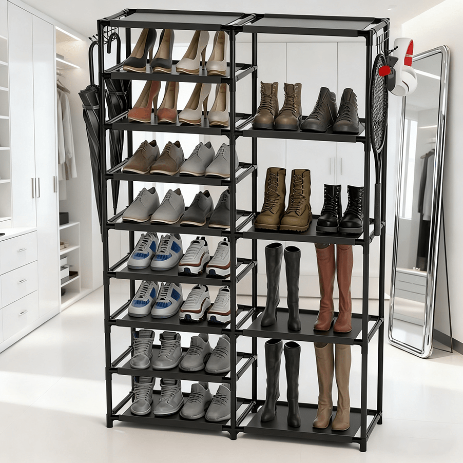 9-Tier Tall Shoe Rack, Garage Shoe Rack Large Capacity, Shoe Rack Organizer, Vertical Free Standing Shoe Rack, Heavy Duty Boot Rack, Two Rows Of Multifunctional Hooks, Large Shoe Rack Organizer Storage Shoe Rack Black 24-35 Pairs