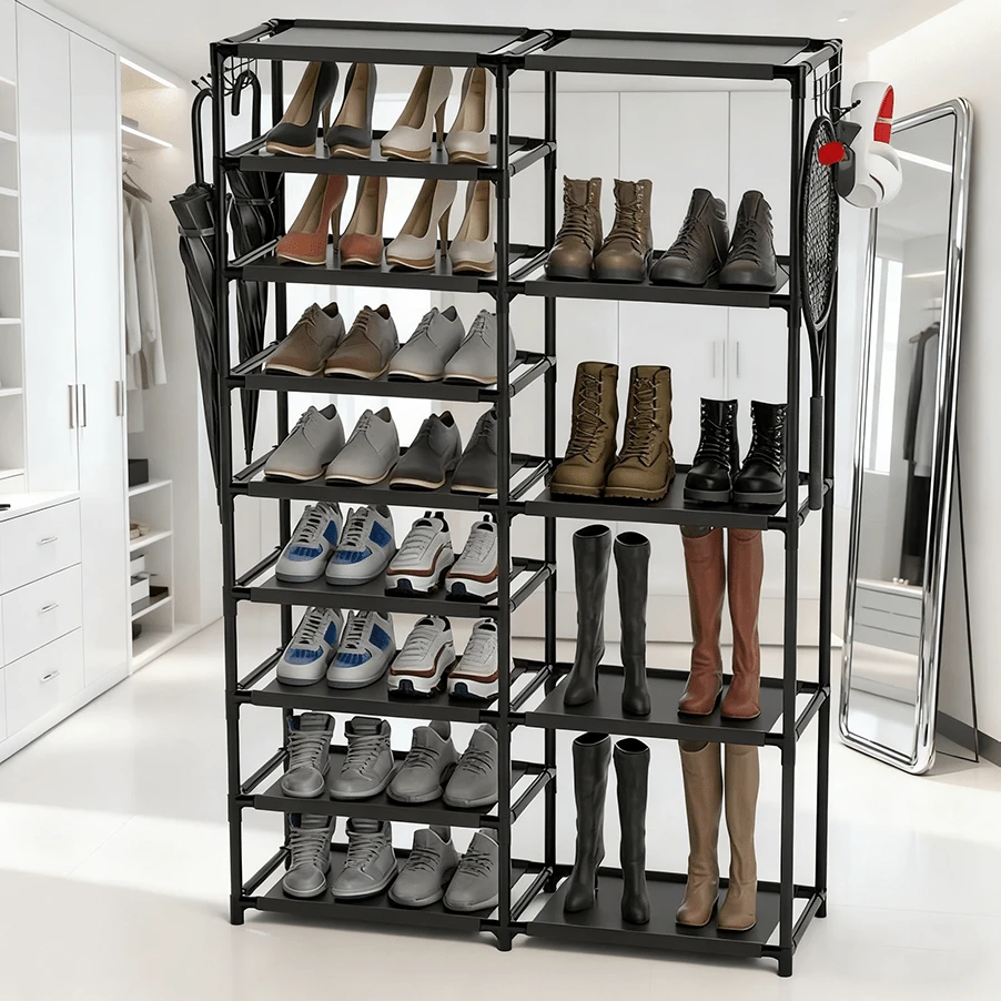 9-Tier Tall Shoe Rack, Garage Shoe Rack Large Capacity, Shoe Rack Organizer, Vertical Free Standing Shoe Rack, Heavy Duty Boot Rack, Two Rows Of Multifunctional Hooks, Large Shoe Rack Organizer Storage Shoe Rack Black 24-35 Pairs - Negro - Ver 1