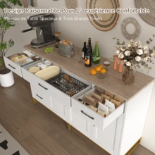 Credenza da Cucina, Mobile Contenitore con 4 Ante e 6 Cassetti, Mobile da Cucina con Ripiani Regolabili, Mobile Basso da Cucina, Stile Nordico, per Soggiorno, Cucina, Sala da Pranzo e Bagno, 140x40x80 cm, Bianco - Bianco - Visualizzare 5