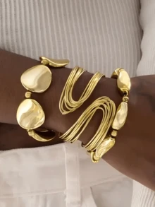 3 Peças Pulseiras Ajustáveis Abertas Empilhadas em Camadas, Pulseiras de Corda Elástica com Contas Torcidas Redondas em Material CCB, Acessórios Elegantes para as Mãos para Uso Diário - Dourado - Visão 2