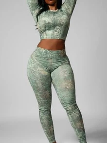 Autumn Retro Style Fashion Slim Fit Floral Pattern Cropped Top Tight Trousers Daily Street Women's Suit