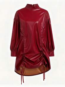 GLOURI Women's Vegan Leather Ruched Dress - Oversized Mock Neck With Drawstring & Lantern Sleeves | Loose Fit Mini Dress For Night Out, Street Style And Fall/Winter Parties - 酒紅色 - 查看 2