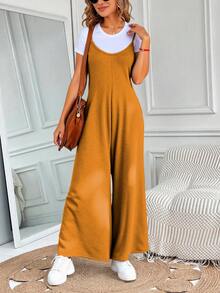 Mono de tirantes finos sin mangas, pierna ancha y camiseta manga corta, outfit cómodo y elástico, para mujer, largo, ancho y pierna, para uso informal - Mostaza Amarilla - Ver 2
