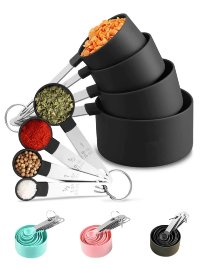 8 Stücke Messbecher- und Löffelset, stapelbare Messbecher und -löffel, ineinander steckbare Messbecher mit Edelstahlgriffen, geeignet für Halloween, Weihnachten, Thanksgiving, Küche, Esszimmer, Outdoor-Küche, Kochutensilien und Backwerkzeuge, Geschirr-Set