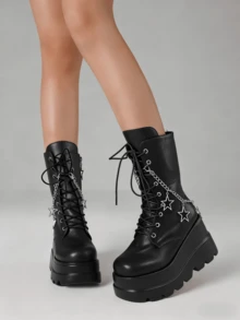 Women Platform Y2K Fashionable Heel Gothic Round Toe Boots Combat Motorcycle Punk Lace Up Boots With Side Zipper Boots - Tất cả màu đen - Xem 4