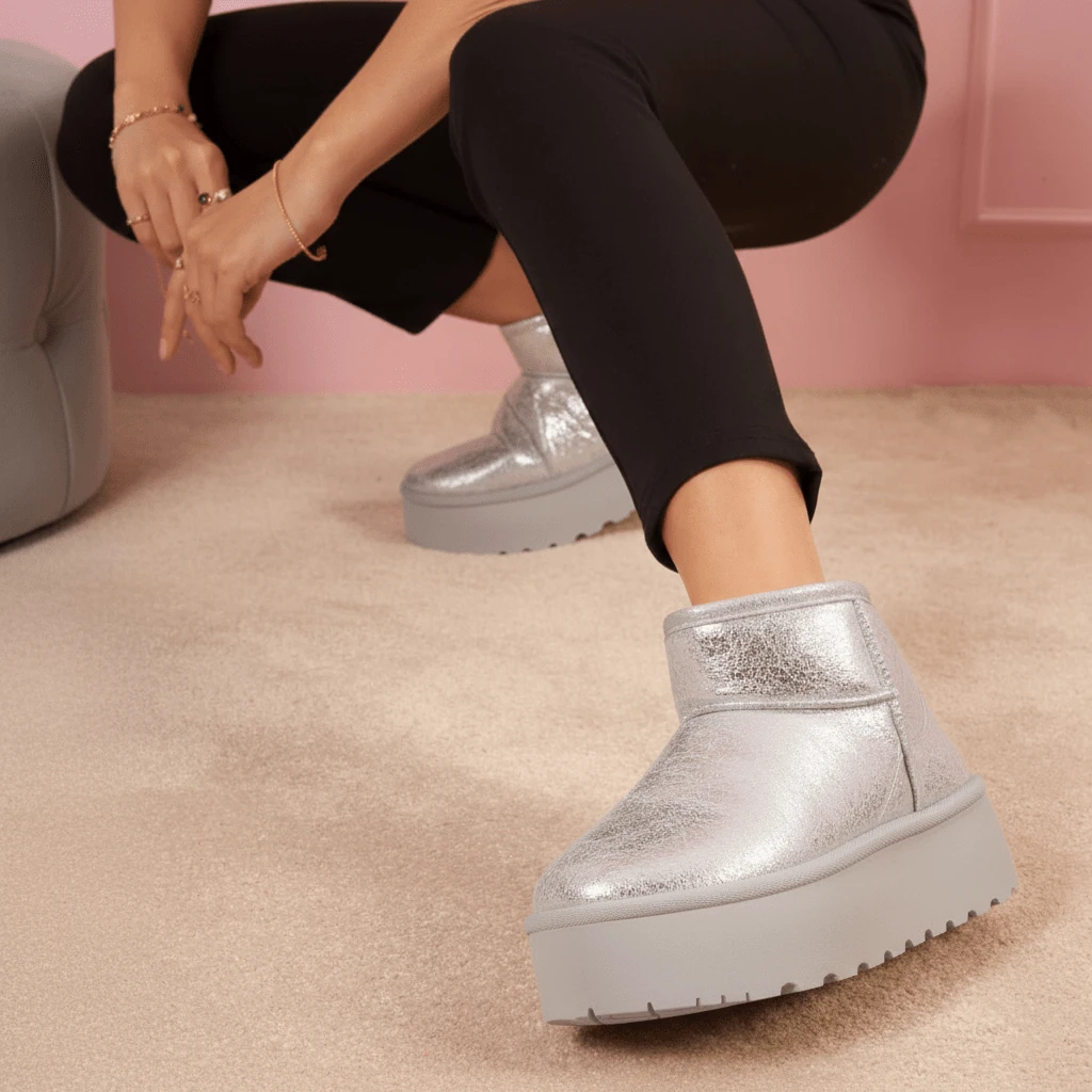 Daily Wear Plush Lined Thick Sole Ankle Boots - Silver - View 1