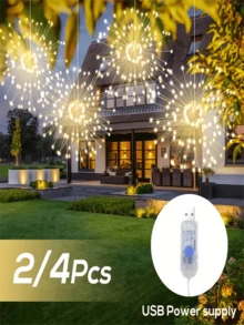 2 piezas/4 piezas Luces de fuegos artificiales suspendidas solares, luces de bola de estallido de estrella alimentadas por USB, luces de cadena de decoración para interiores/exteriores, decoración de techo suspendido de 8 modos, luces de ambiente para San Valentín, boda, fiesta festiva, adecuadas para tienda de campaña, jardín, patio, decoración del porche (500mAh) - Multicolor - Ver 8