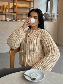 GDDYIN Women's Solid Color Ribbed Pocket Button Casual Daily Thick Knit Jacket, Autumn - Beige - View 3